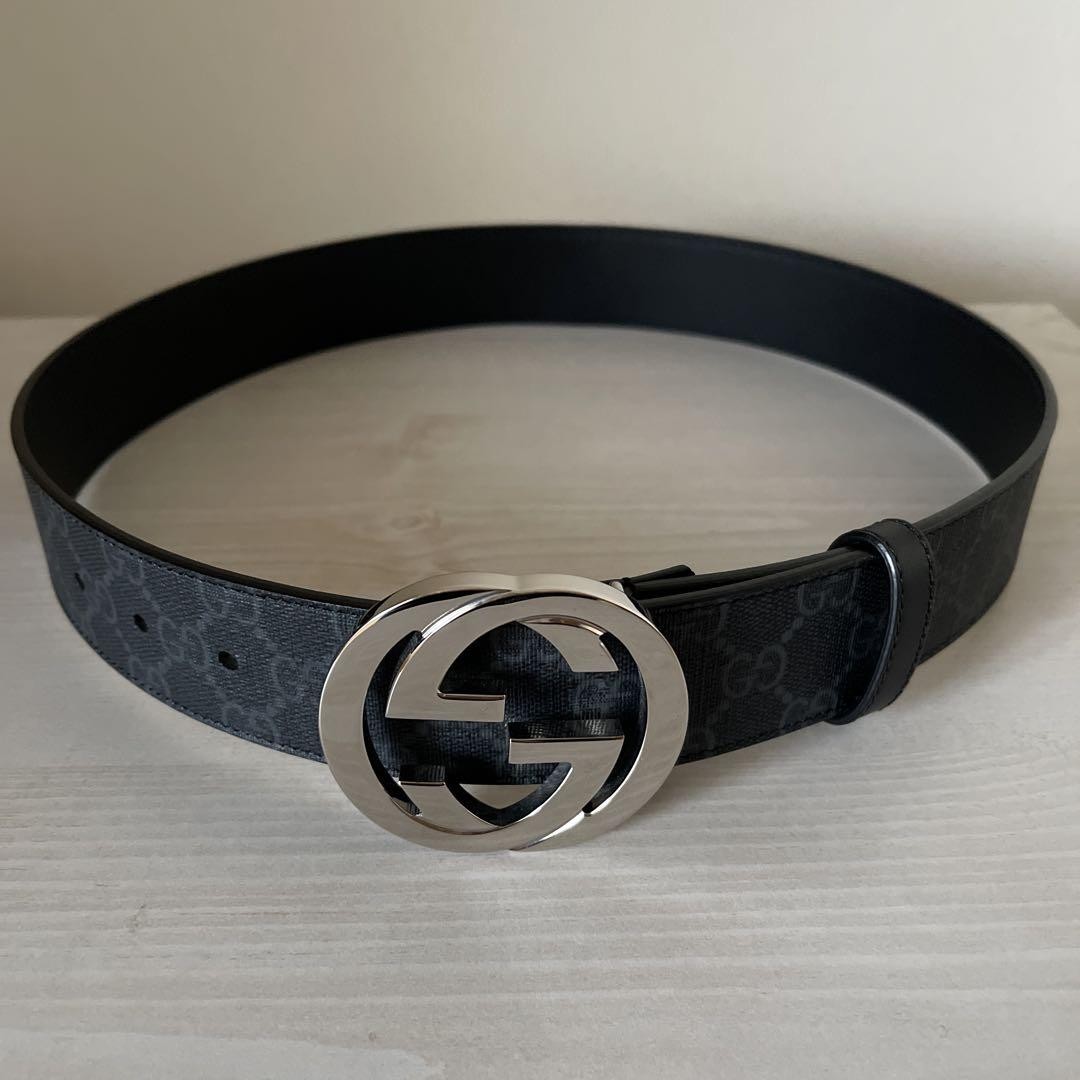 Gucci GG Supreme Canvas Belt with Interlocking G Buckle in Black Gray Pre-Owned-image