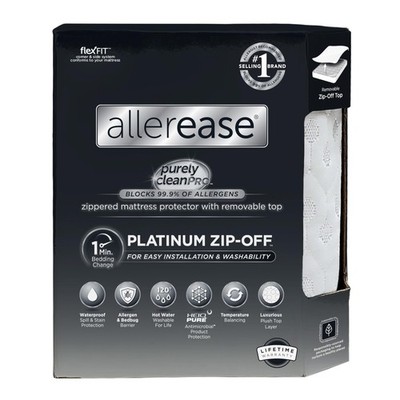 AllerEase Platinum Zip-Off Top Waterproof Mattress Protector Queen Size 360 D...
