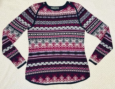 Title Nine Sweater 100% Merino Wool Extra Fine Fair Isle Print Red Blue Size L