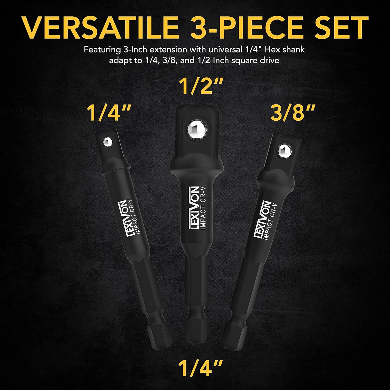 LEXIVON Impact Grade Socket Adapter Set, 3" Extension Bit, Black 