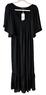 Lillusory Women s Size L Black Flowy Dress Maxi Flutter Sleeve Smocked V Neck
