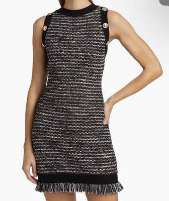 Milly Minidress Women s Small Black Gold Multi Fringe Tweed Knit Sleeveless