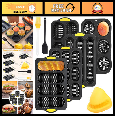8 Pcs Nonstick Silicone Baguette & Hamburger Bun Baking Set - French Bread Mold,