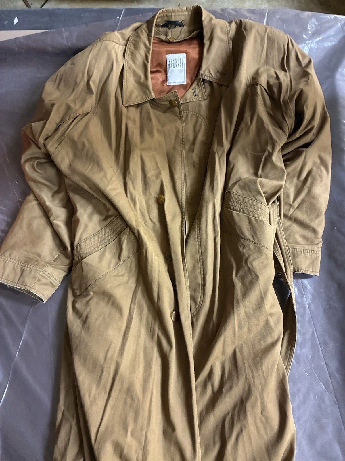 Kenneth Barnard Dbl Breasted Trench Rain Coat Mens 42L Beige Vtg Belted  w Liner image 1