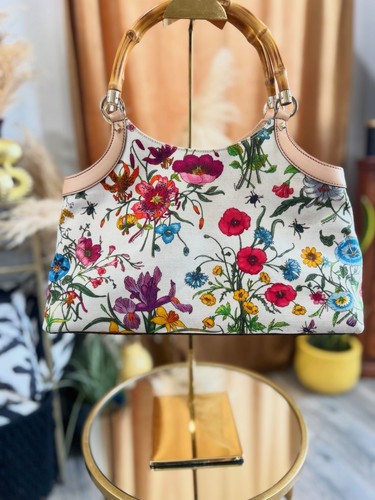 Gucci Flora Bamboo Handle Tote Handbag Beige Multicolor Floral Top Handle
