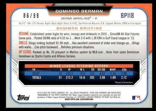 2015 Bowman Prospects vert #BP118 Domingo allemand Miami Marlins #/99 - Photo 2/2