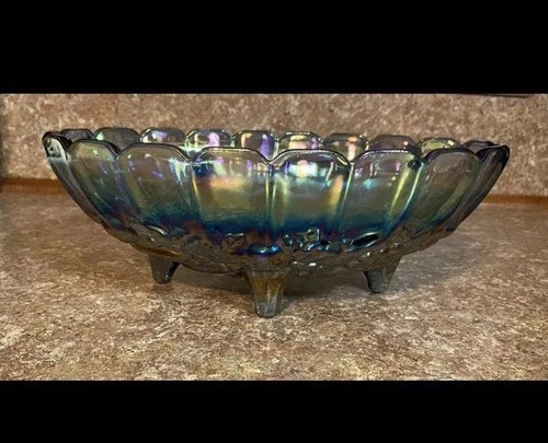 Indiana Glass Carnival Blue Iridescent  Footed Oval Bowl—Harvest Grape. Vintage!