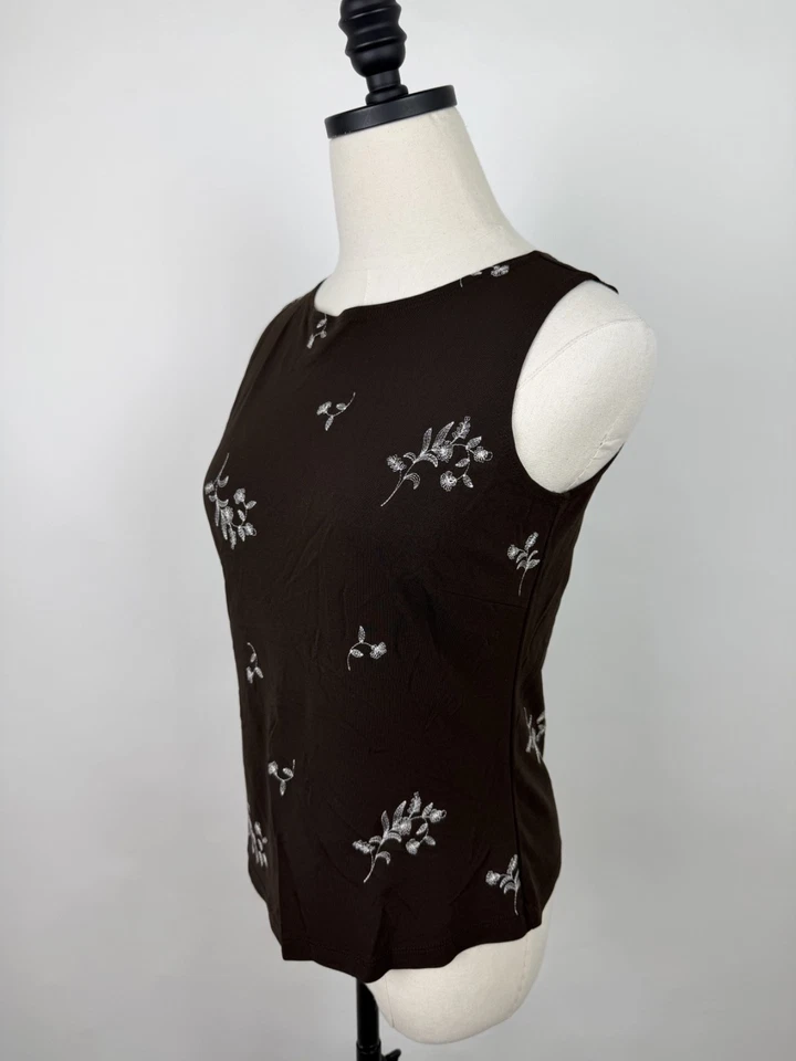 Camiseta sin mangas vintage años 90 para mujer pequeña marrón chocolate oscuro floral concha bordada Foto 4 de 4