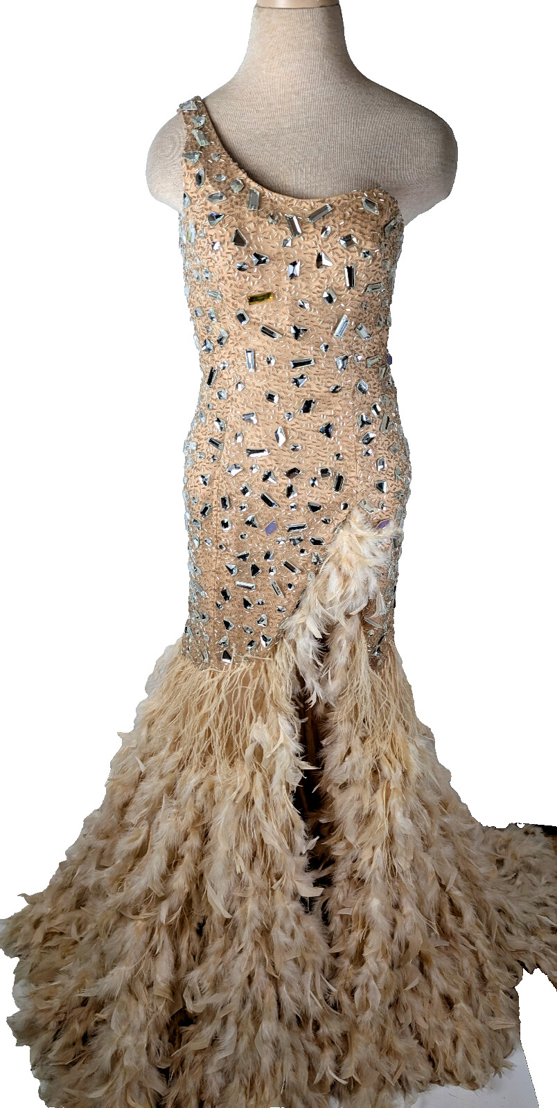 Vestido Mcduggal Formal Rosa Largo Estrás Un Hombro Abertura Pluma Talla 6
