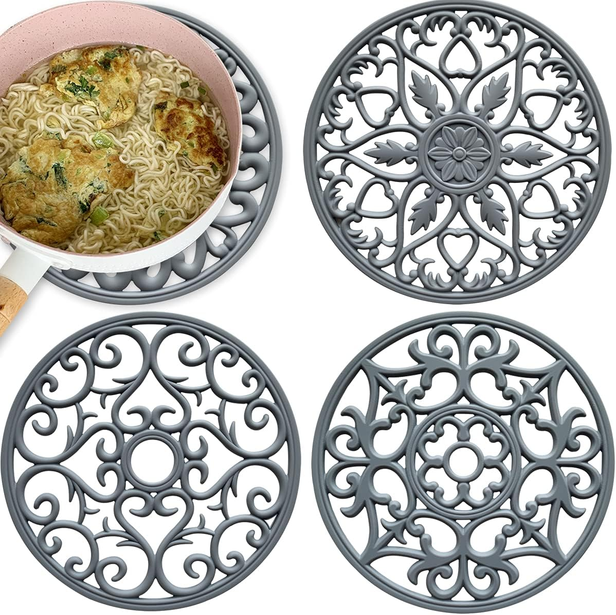 4 Pack Silicone Trivet Mat, Heat Resistant Kitchen Hot Pot Holders, Potholders,