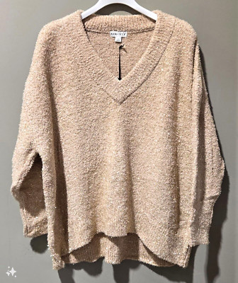 Ava & Viv Women's 3X Cream Lurex Deep V-Neck Shimmery Knit Super Soft Sweater