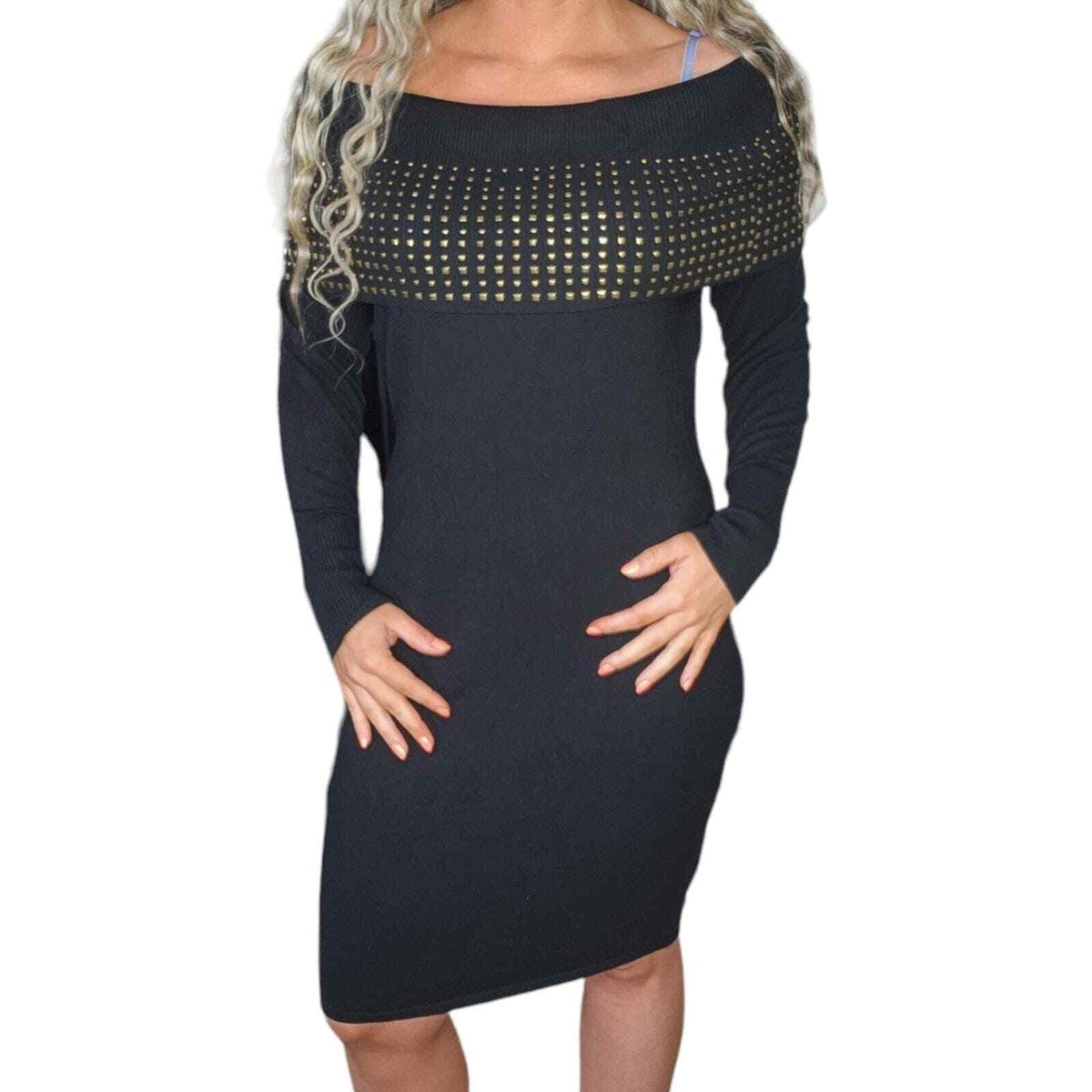Vintage Off Shoulder Dress Womens 1X XL Black Gold Studded Long Sleeve  Bodycon