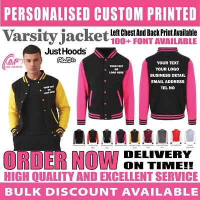 Personalisierte maßgeschneiderte Just Hoods Awdis Uni Jacke Text Logo Baseball-Stil