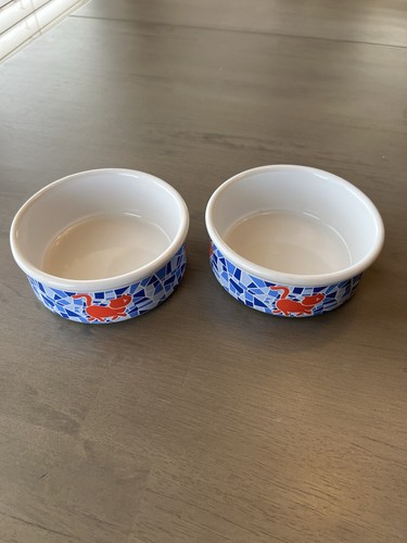 2 Blue & White Cat Bowls With Red Cats Around The Sides - Picture 2 of 3