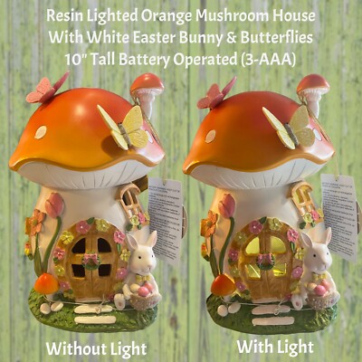 Easter Bunny Rabbit Mushroom House With Butterfly Lights Up Battery Operated 10''