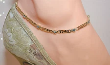 GREEK KEY- CLEAR -STONES 14Kt Gold Plated ANKLET ANKLE  BRACELET KEY 9 TO 13"