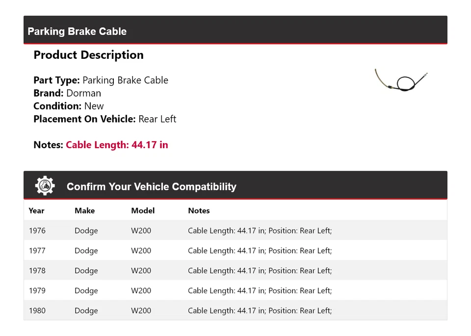 Cable de freno de estacionamiento trasero izquierdo para Dodge W200 Dorman 1976-1980 1977 1978 1979 Foto 2 de 4