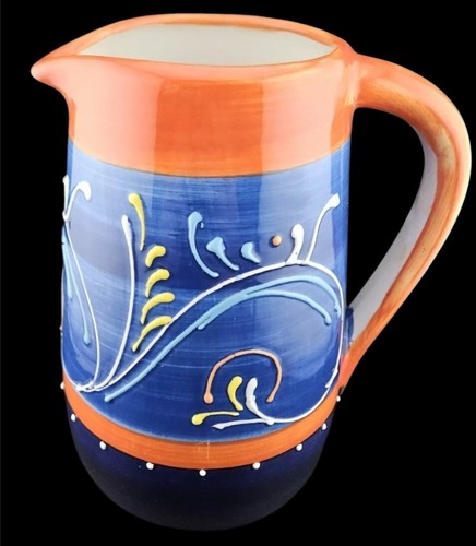 CERAMICA ANORA Spanish Ceramic Pitcher Hand Painted Blue Orange 9"Hx6.5"W