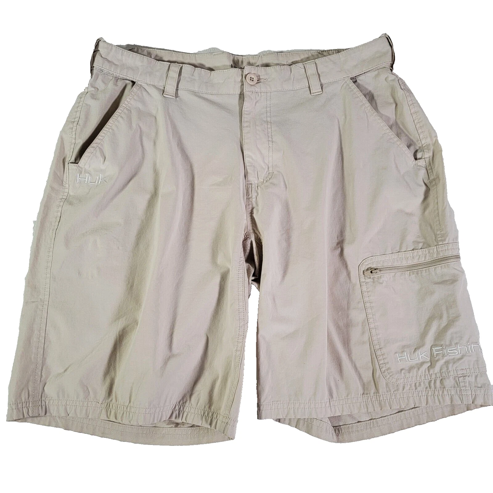 Huk Fishing Shorts Performance Cargo Mens XL Ivory White 10" Inseam Stretch