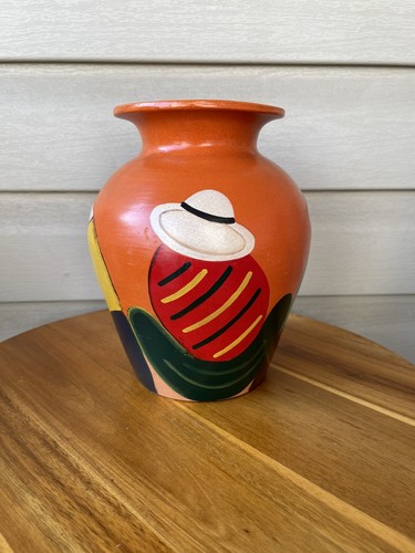 Peruvian People Hats Hand Painted Decorative South America Pottery Vase 8"