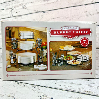 Stackable Buffet Caddy Set 7 Piece Tiered Plate Stand Utensil Napkin Holder