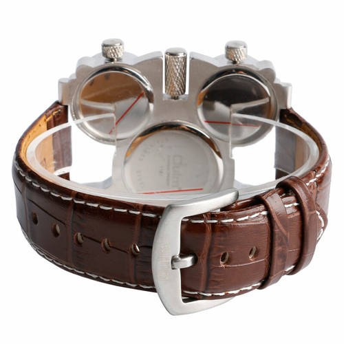 Oulm Quartz Watches 3 Time Zone Big Face Dial Leather Strap Steel Case Watch - Picture 12 of 15