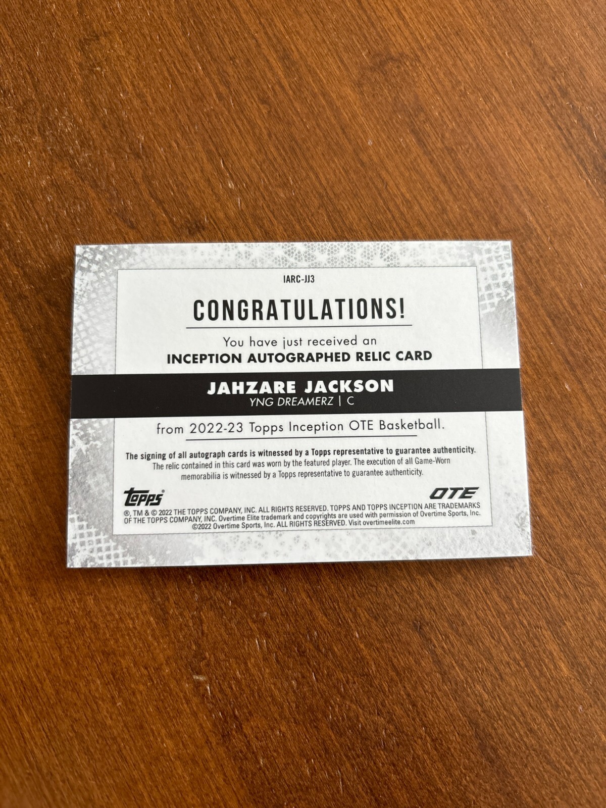 Jahzare Jackson 2022 Topps Inception OTE Patch Auto IARCJJ3 YNG Dreamerz 96/149 view 2