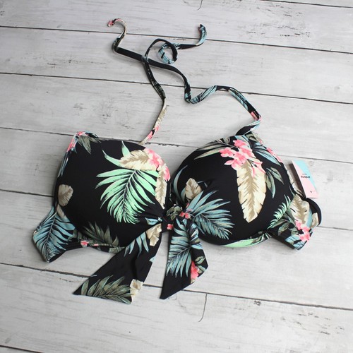 Ardene Swim Damen Bikini Badeanzug Top M schwarz Blumenmuster Push Up Bügel-BH
