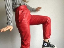 Vintage Genuine Leather High waist Tapered Leather Pant Red Leather pant womens