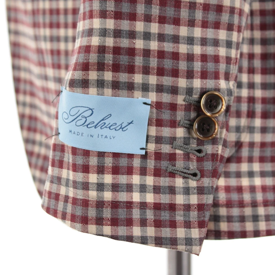 Abrigo deportivo de lana Belvest Super 130s nuevo con etiquetas talla 48R (38R EE. UU.) en beige/rojo/gris a cuadros Foto 4 de 4