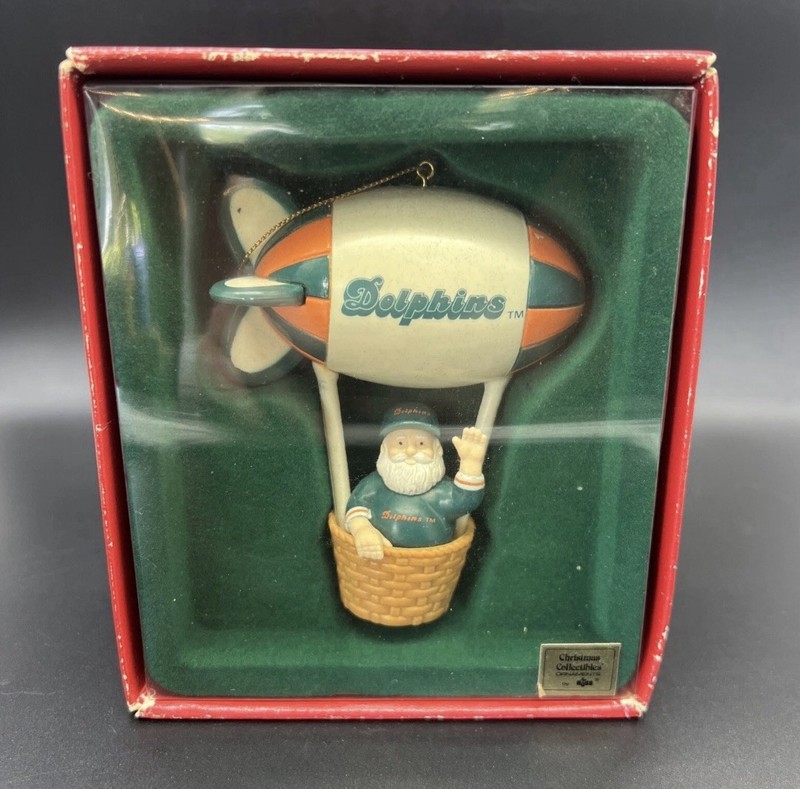 Vintage RUSS Santa's Watching NFL Dolphins Blimp Christmas Ornament WITH BOX