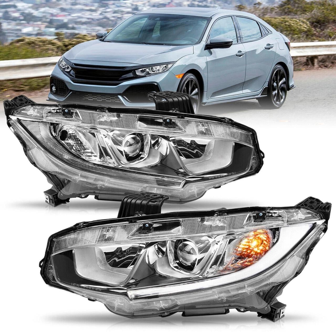 For 2016-2021_Honda Civic Halogen Projector Chrome Headlights Assembly Lamps.L+R
