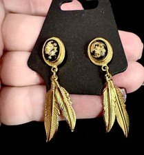 Gold Tone Feather Dangle Earrings Black Gold Cabochon Boho Vintage