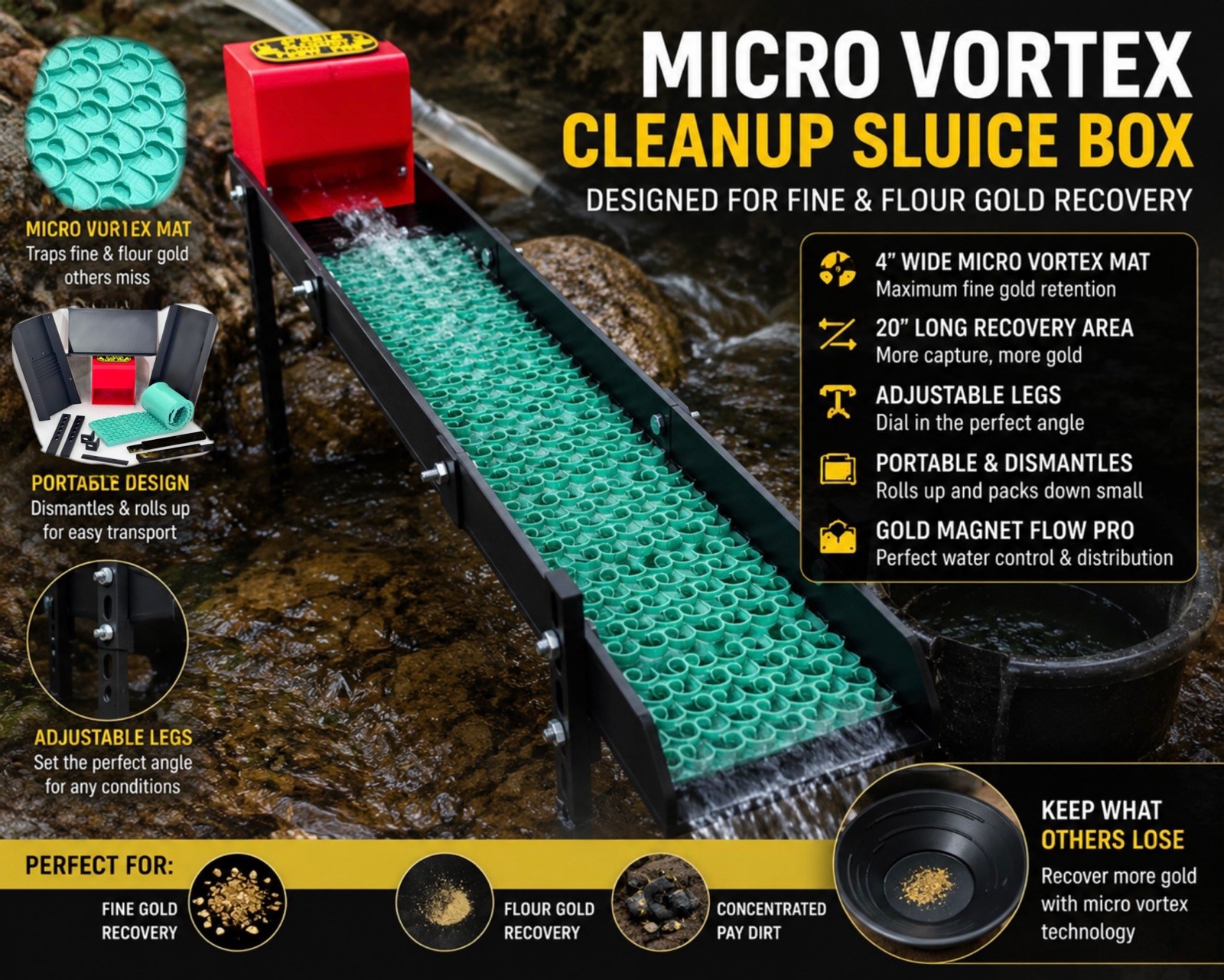 4 inch Cleanup Sluice Box Fine Flour Gold Recovery Micro Vortex Mat 4” pay dirt