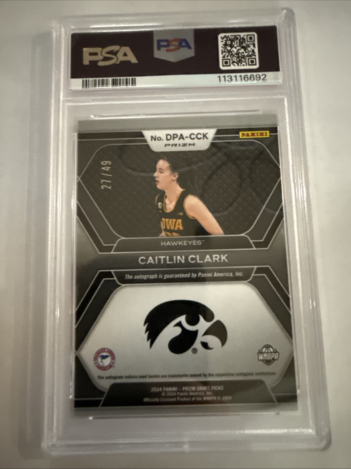 Caitlin Clark 2024 Panini Prizm Draft Picks Orange Pulsar Auto Rc #/49 PSA 9 MT view 2