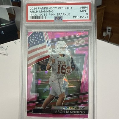 2024 Panini NSCC VIP Gold Arch Manning Pink Sparkle PSA 9 16/88 Texas Jersey #’d