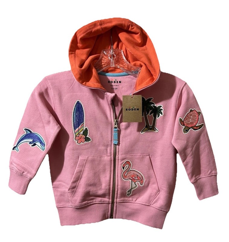 NWT Mini Boden Girls Sz 3-4T Pink Superstitch Hooded Zipper Sweatshirt