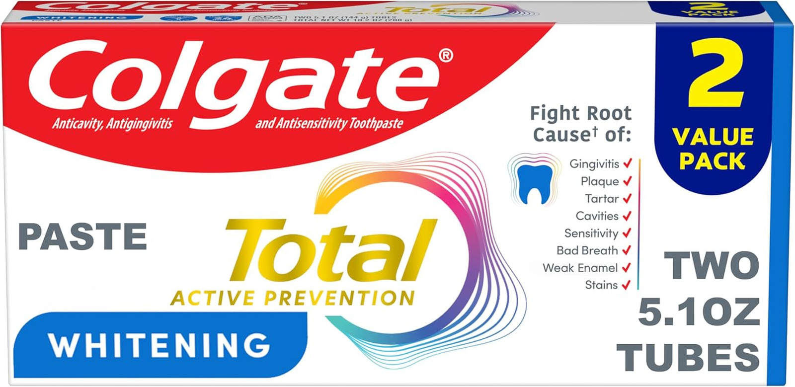 Total Whitening Fluoride Toothpaste, Mint, 2 Pack, 5.1 Oz