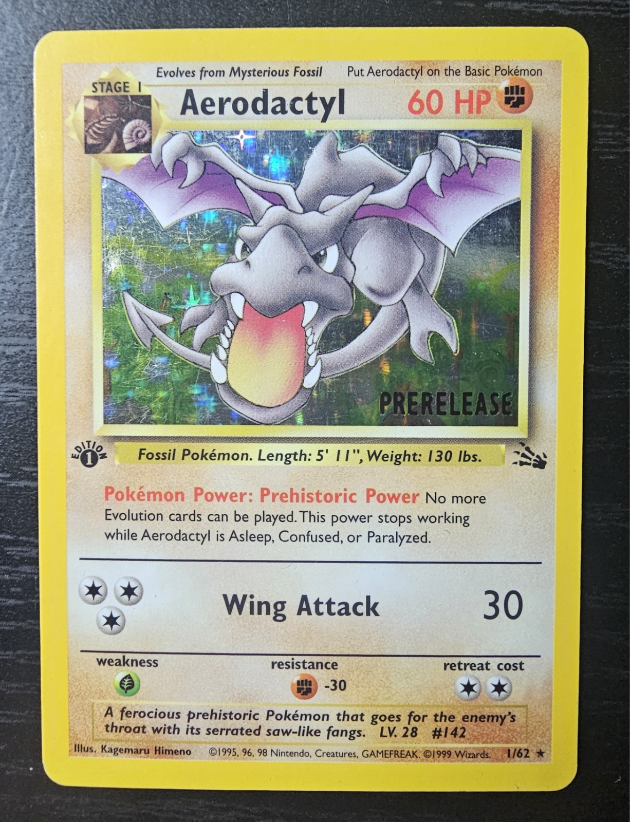 Pokémon TCG Aerodactyl 1/62 Fossil Prerelease Stamped 1st Edition Holo (MP)