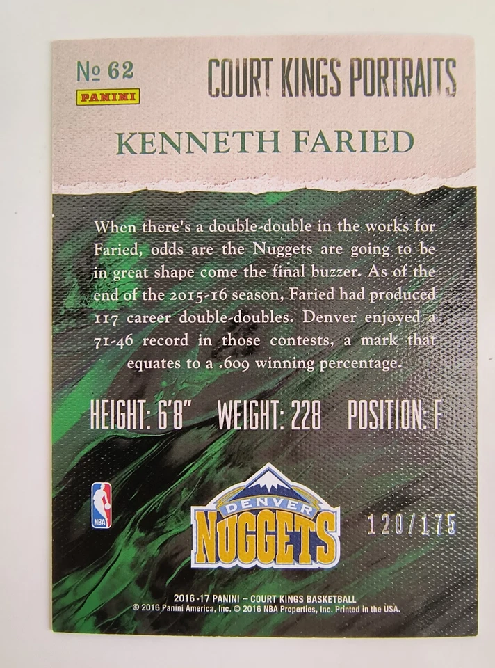 KENNETH FARIED Portraits Card #120/175 - 2016-17 Panini COURT KINGS #62 - Image 2 of 2