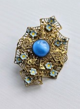 Vintage Czech Filigree ArtDeco Goldtone Floral Accent Light Blue Cabachon Brooch
