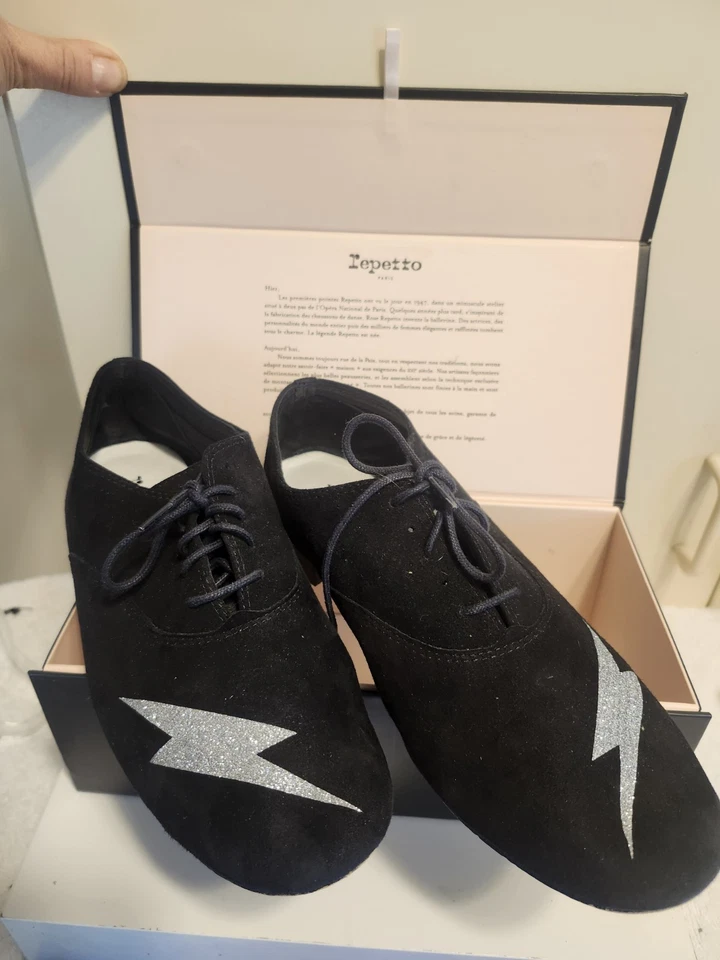 Repetto Paris черная замша блестящий молнии болт шнурует вверх плоскостях Sz.10/41 $475 - Изображение 3 из 4