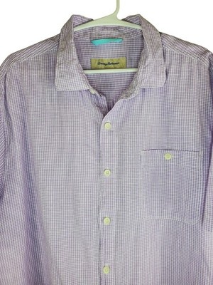 Tommy Bahama Linen Blend Shirt Mens XL Purple Check Short Sleeve Button Up