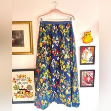 Vintage 1970s Navy Floral Maxi Skirt Cotton Blend A-Line Boho Cottagecore Skirt