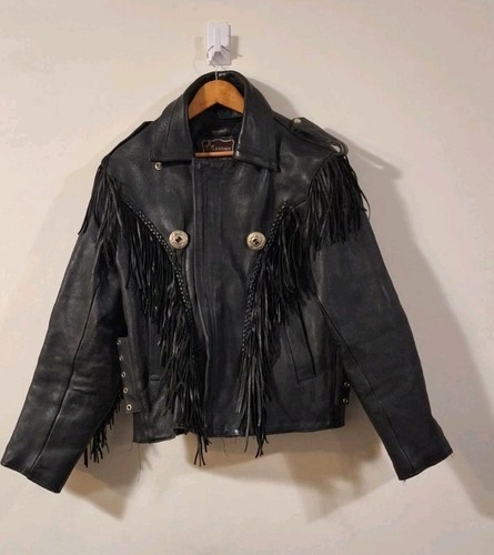 Vintage 90s Leather Club Motorcycle Jacket Tassel Western, Size 48 (XL) - (HU)