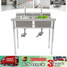 2 Compartment Commercial Sink w/ Double Faucet Restaurant Sink Stainless Steel