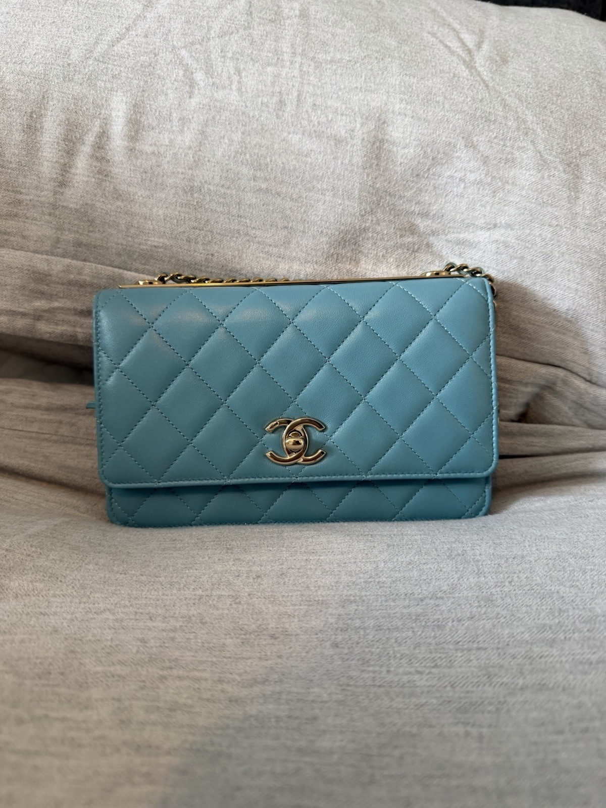 Chanel Wallet On Chain In Turquoise Blue Lambskin Quilted Leather