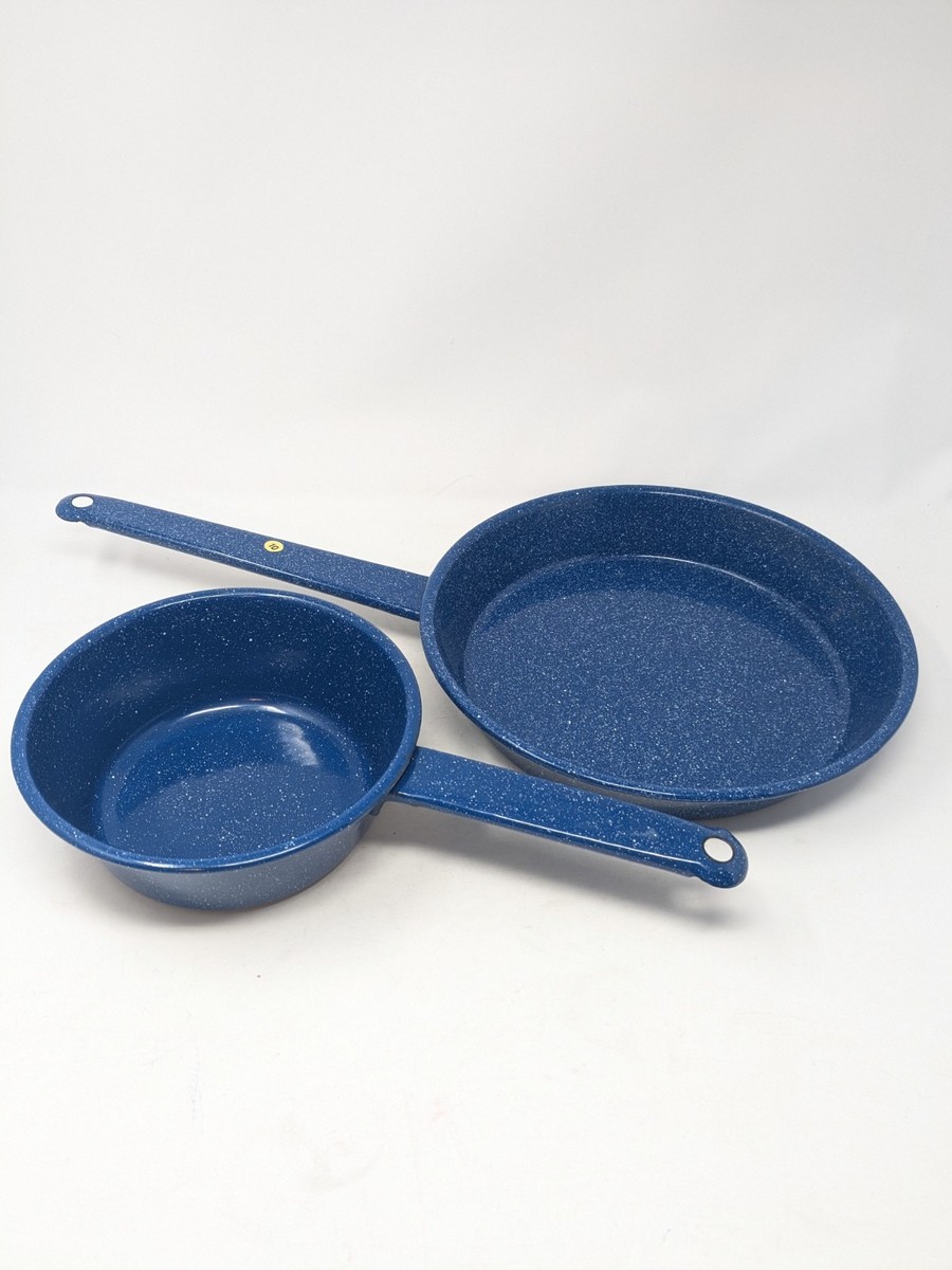 2) Vintage 90s Cinsa Enamelware Deep Sauce Pan & Frying Pan Blue