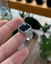 Black Aqeeq Ring Silver, 925 Sterling Silver, Agate Gemstone Ring, Handmade Men