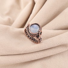 Rainbow Moonstone Gemstone Copper Wire Wrapped Ring Handmade Jewelry For Wedding